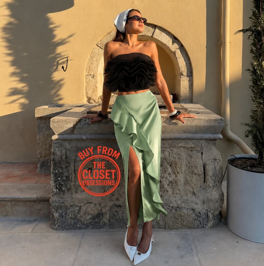 Zara NWT Mint Green Satin Ruffle Front Slit High Waist Midi Skirt M